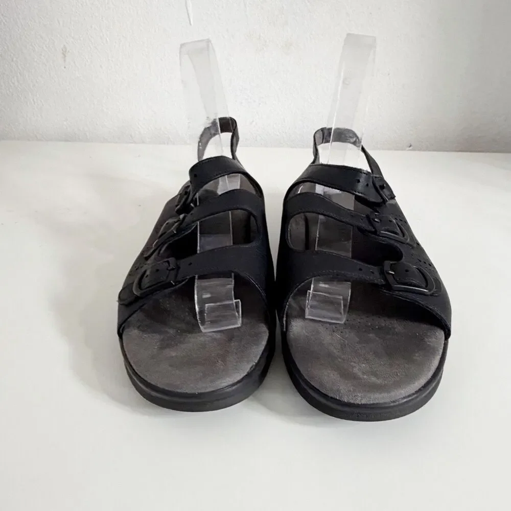 SAS Sandals Womens 9.5 Black Leather Caress Slingback Ankle Strap Wedge Heel USA